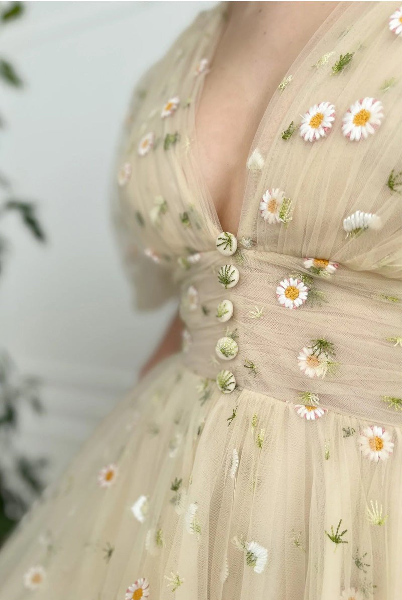 Elliott | A-line V Neck Sea of Daisies Dress Engagement Ankle Length Half Sleeve High Neck Tulle with Buttons Pleats