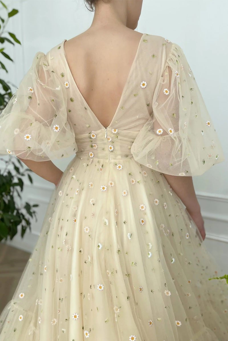 Elliott | A-line V Neck Sea of Daisies Dress Engagement Ankle Length Half Sleeve High Neck Tulle with Buttons Pleats