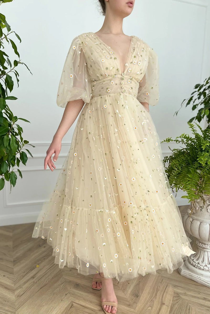 Elliott | A-line V Neck Sea of Daisies Dress Engagement Ankle Length Half Sleeve High Neck Tulle with Buttons Pleats