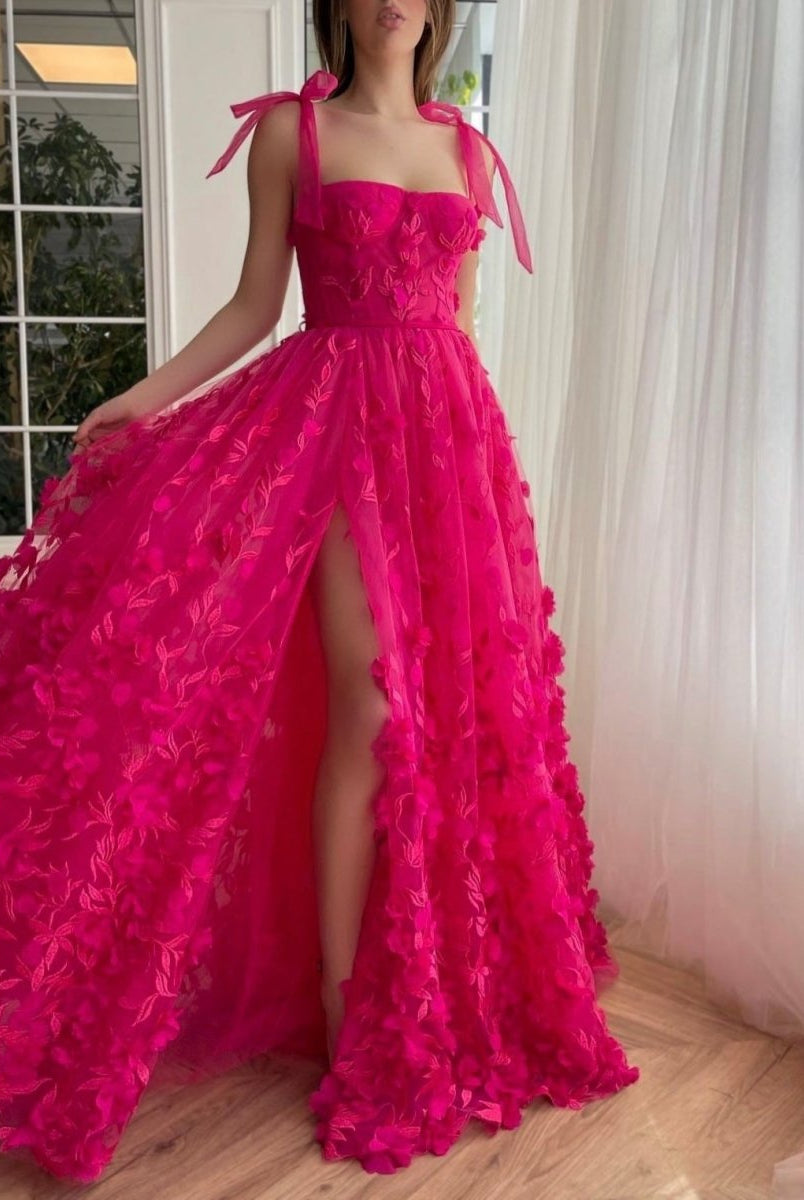 Kayleigh | Fuchsia Elegant A-line 3D Flower Lace Prom Dress With Slit