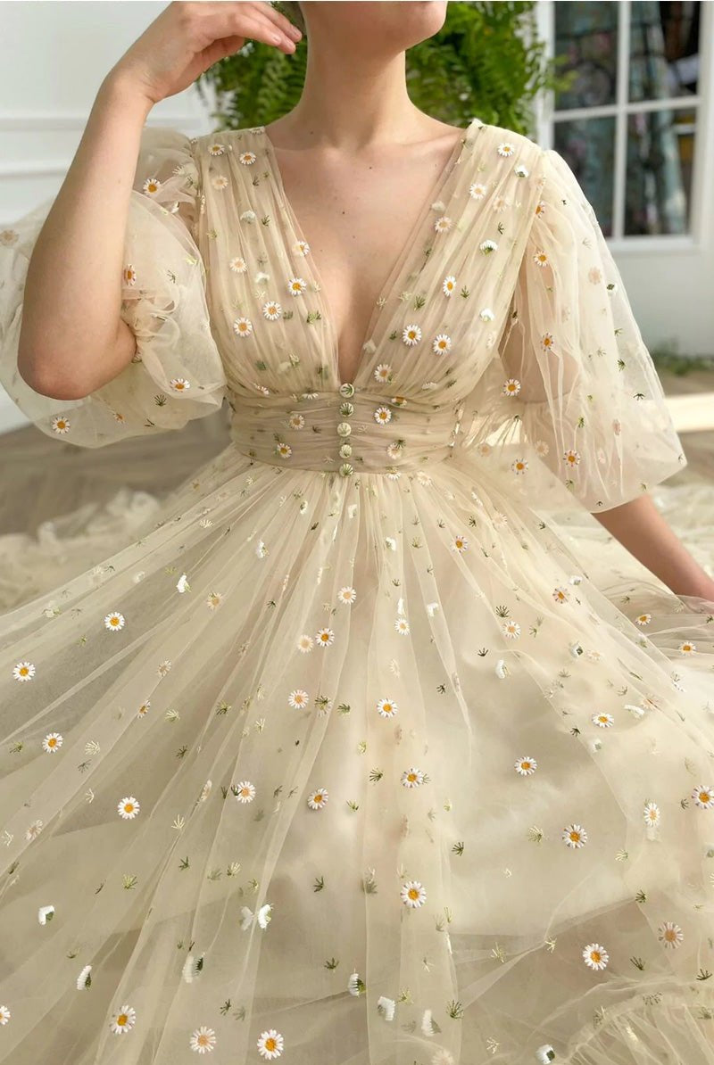 Elliott | A-line V Neck Sea of Daisies Dress Engagement Ankle Length Half Sleeve High Neck Tulle with Buttons Pleats