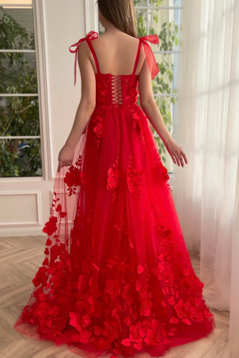 Cameron | Scarlet Lace A-line 3D Flower Long Prom Dress With Slit