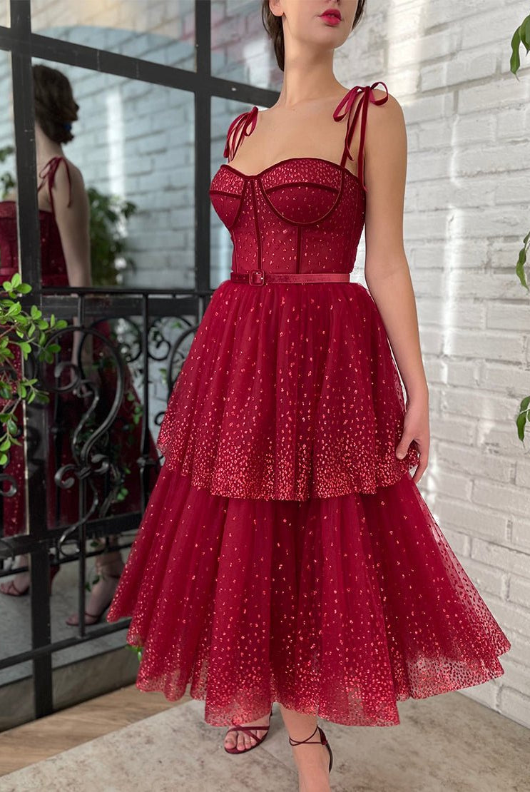 Alyson | Tulle Dark Red Glitter Homecoming Dress - KissProm