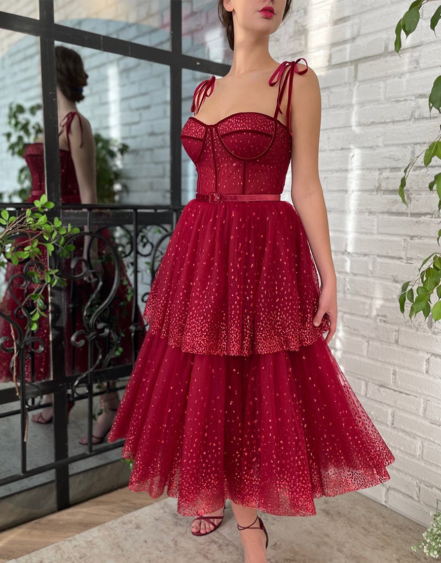 Alyson | Tulle Dark Red Glitter Homecoming Dress - KissProm