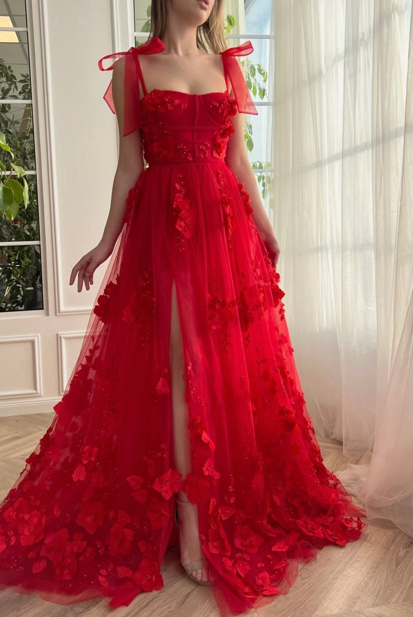 Cameron | Scarlet Lace A-line 3D Flower Long Prom Dress With Slit