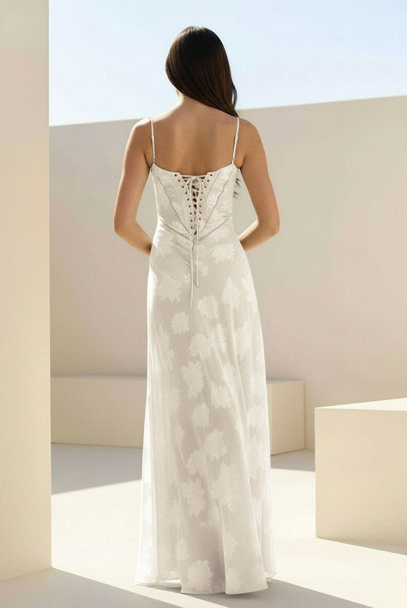 Imre | Ivory- Sheath Satin Floral Spaghetti Straps Long Prom Dresses - KissProm