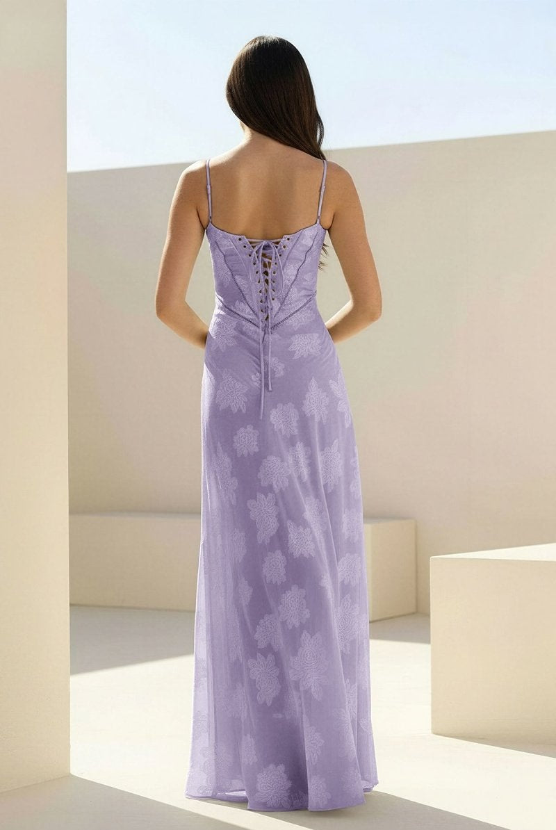 Imre | Lavender - Sheath Satin Floral Spaghetti Straps Long Prom Dresses - KissProm