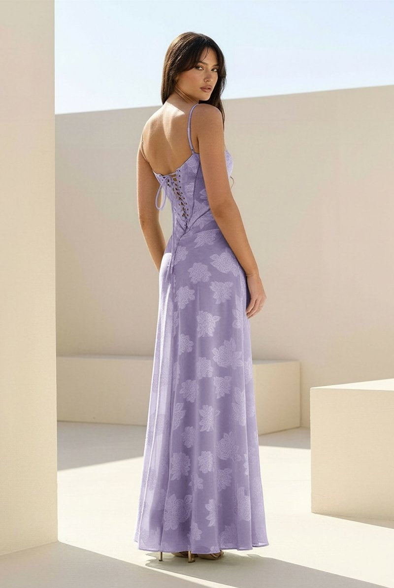 Imre | Lavender - Sheath Satin Floral Spaghetti Straps Long Prom Dresses - KissProm