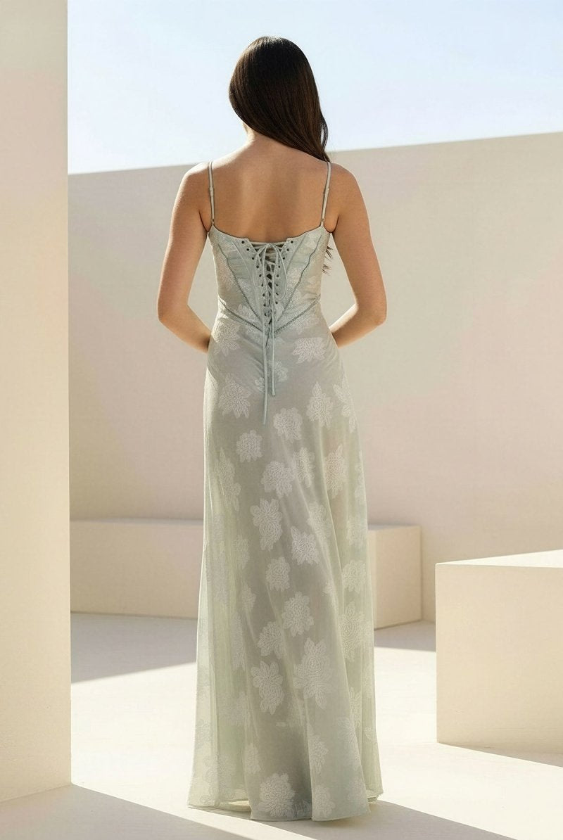 Imre | Sage - Sheath Satin Floral Spaghetti Straps Long Prom Dresses - KissProm