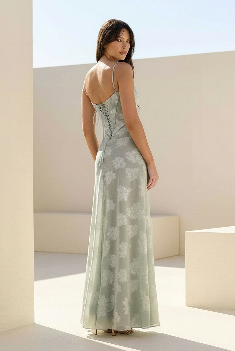 Imre | Sage - Sheath Satin Floral Spaghetti Straps Long Prom Dresses - KissProm