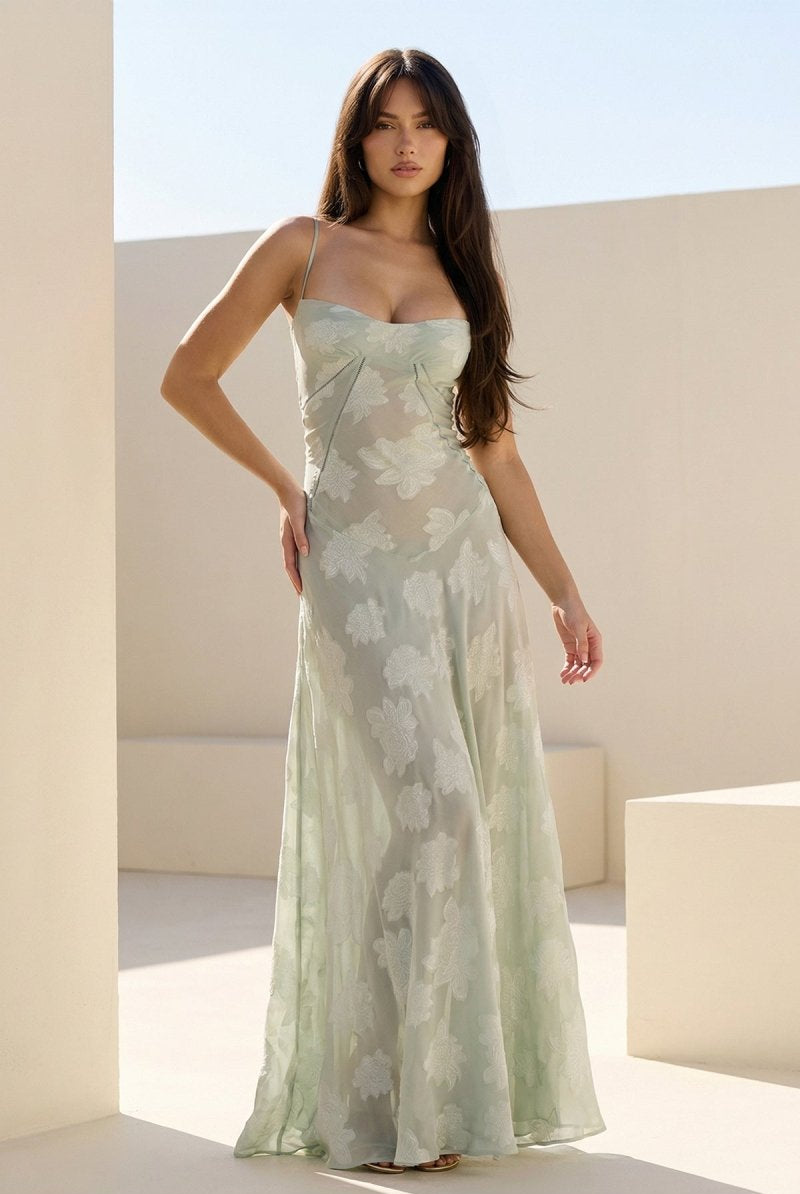 Imre | Sage - Sheath Satin Floral Spaghetti Straps Long Prom Dresses - KissProm