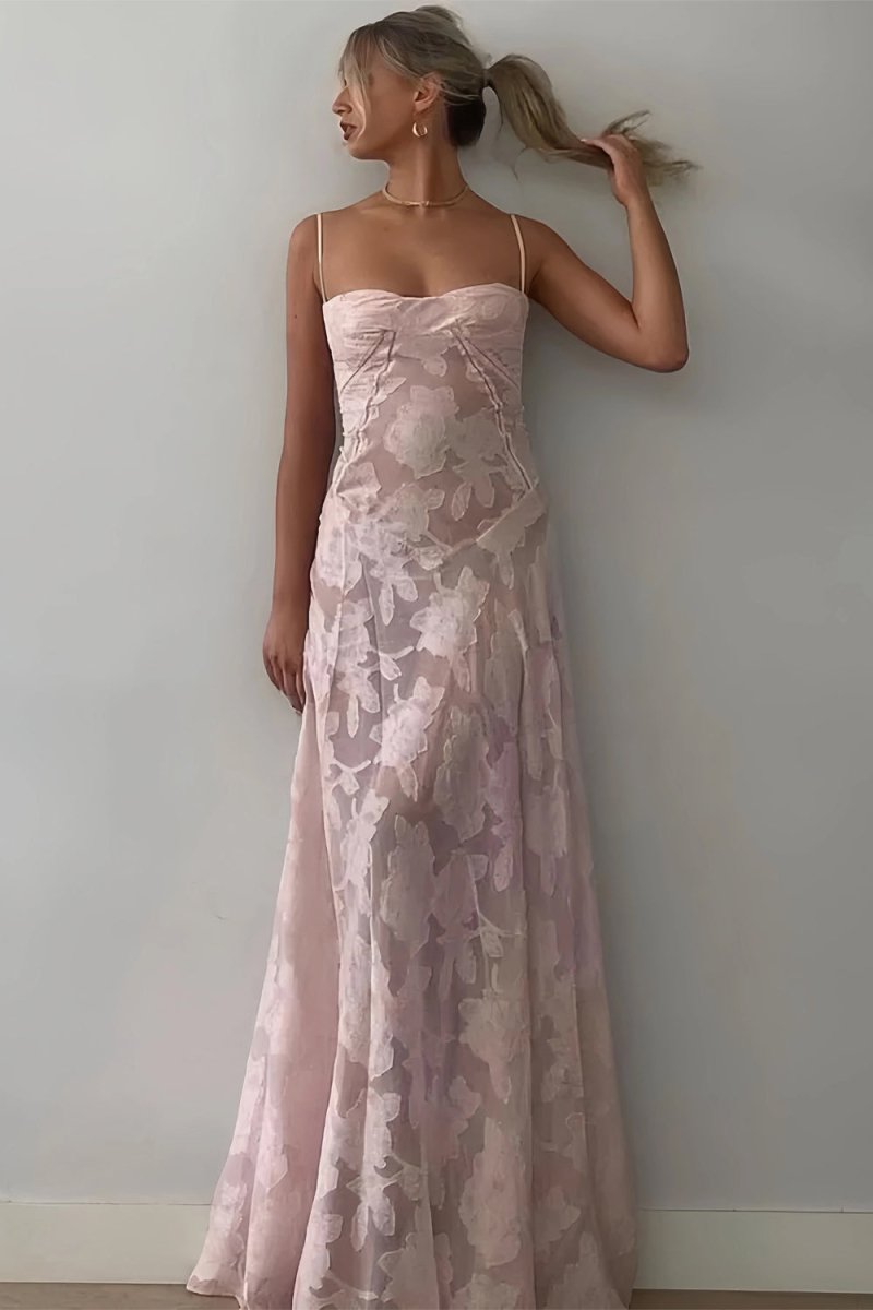 Imre | Pink - Sheath Satin Floral Spaghetti Straps Long Prom Dresses - KissProm