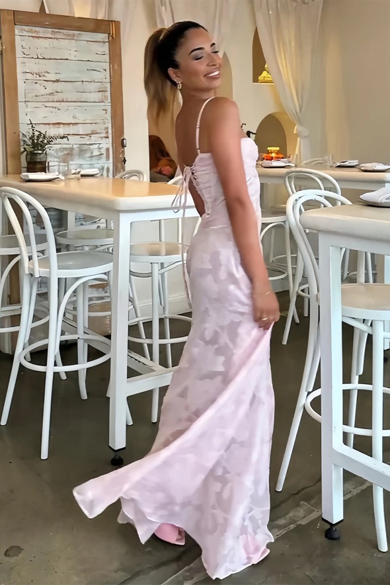 Imre | Pink - Sheath Satin Floral Spaghetti Straps Long Prom Dresses - KissProm