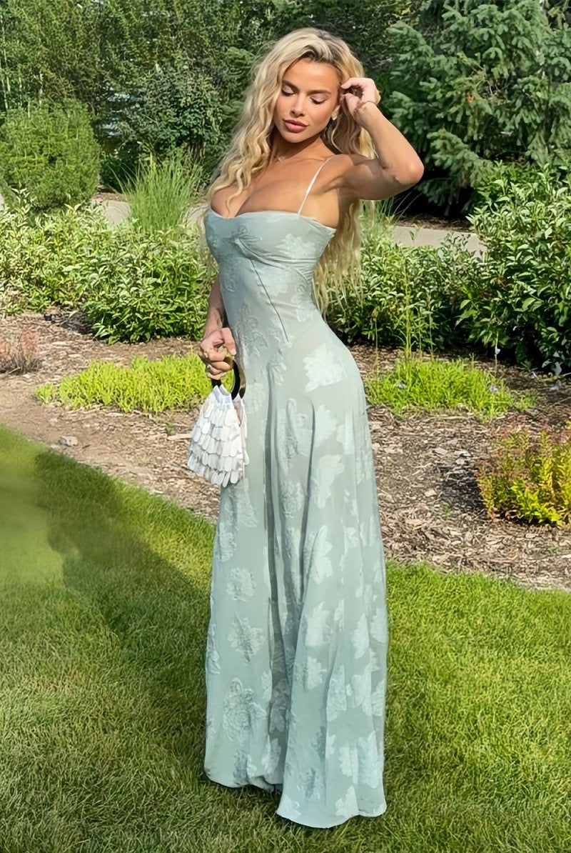 Imre | Sage - Sheath Satin Floral Spaghetti Straps Long Prom Dresses - KissProm