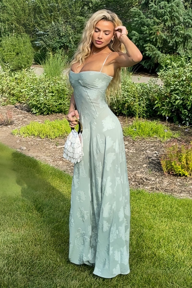 Imre | Sage - Sheath Satin Floral Spaghetti Straps Long Prom Dresses - KissProm