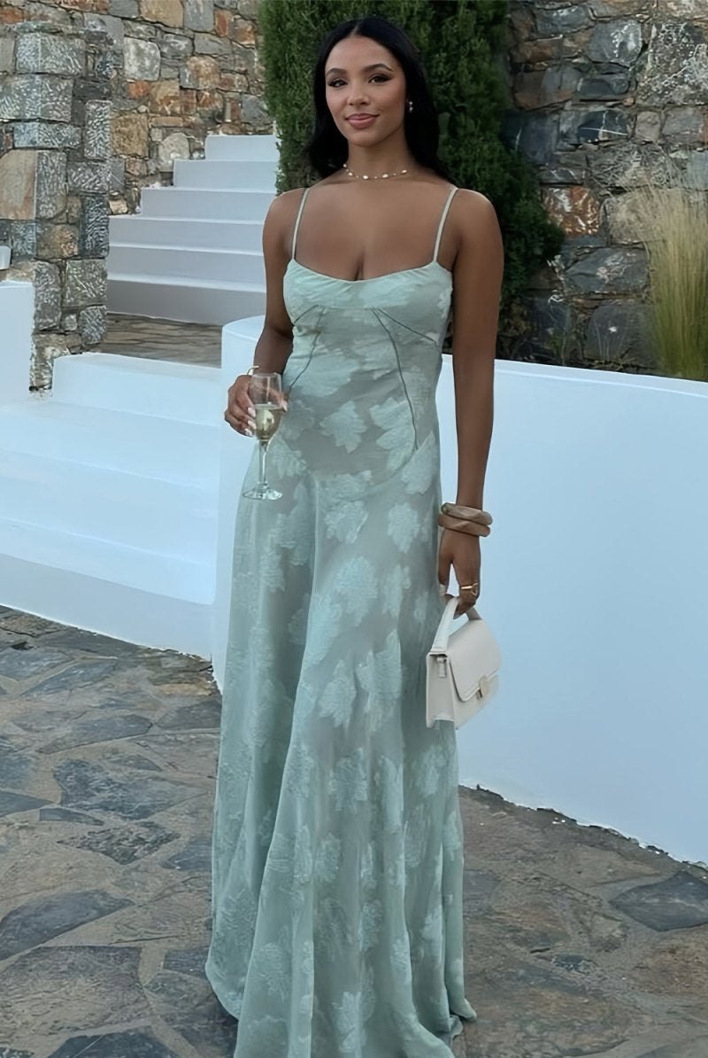 Imre | Sage - Sheath Satin Floral Spaghetti Straps Long Prom Dresses - KissProm