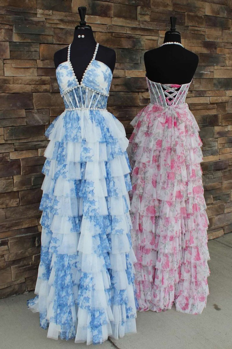 Inari | Blue – A Line Floral Tulle Halter Long Prom Dress with Ruffles and Beading - KissProm