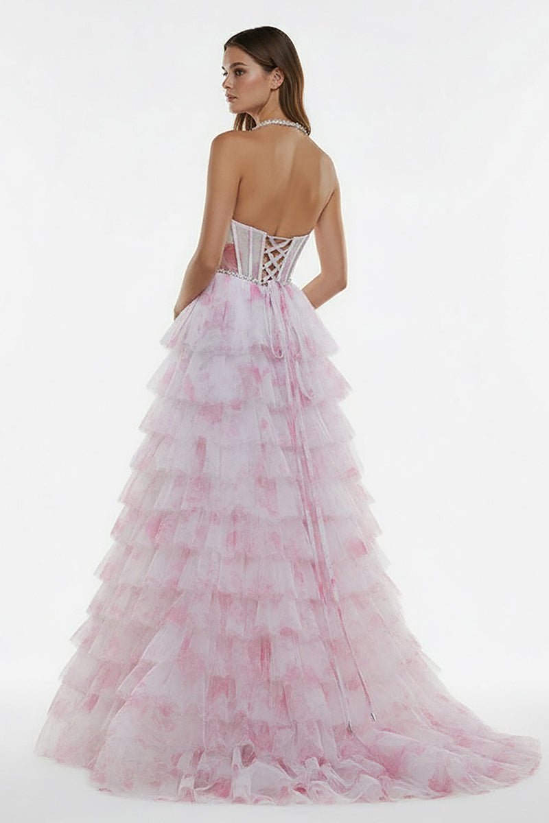 KissProm-Inari Pink A Line Floral Tulle Ruffles Halter Long Prom Dresses With Beads