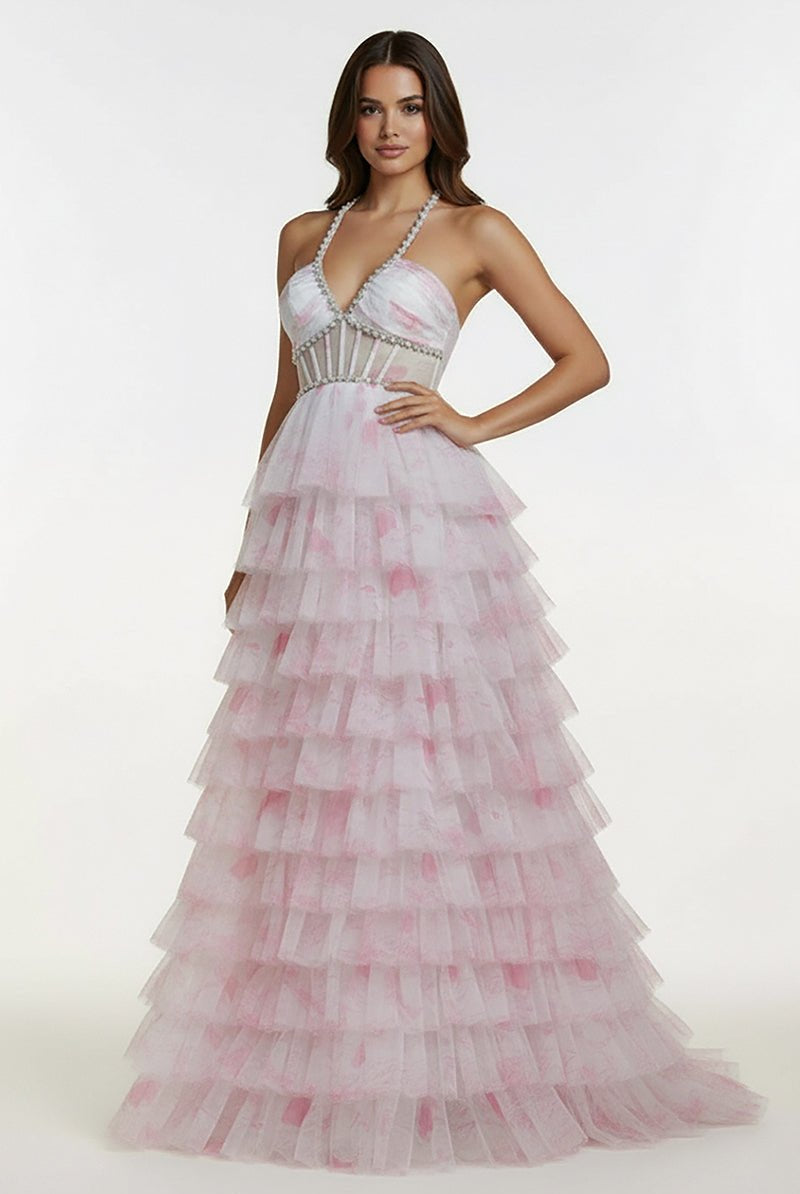 KissProm-Inari Pink A Line Floral Tulle Ruffles Halter Long Prom Dresses With Beads