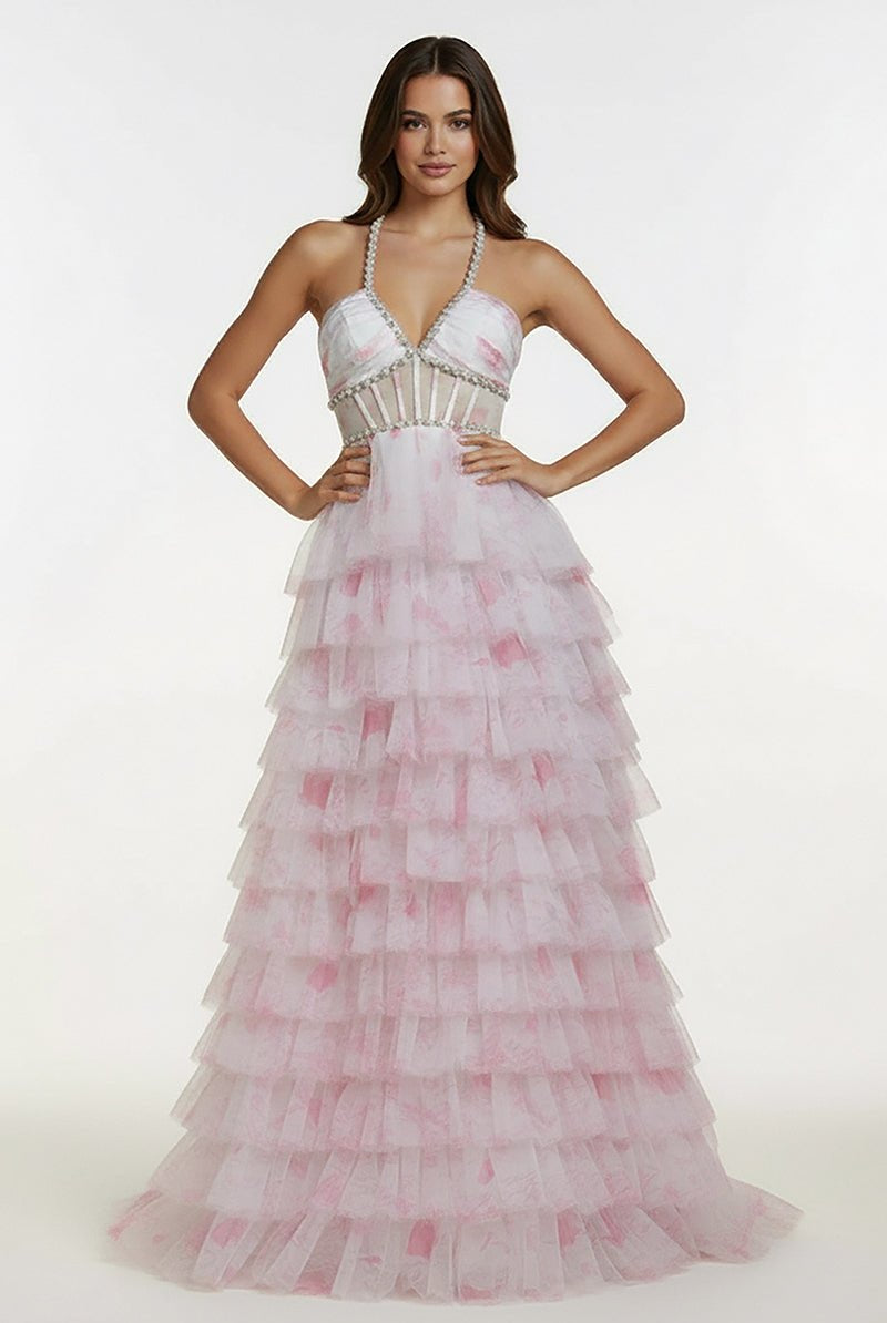 KissProm-Inari Pink A Line Floral Tulle Ruffles Halter Long Prom Dresses With Beads