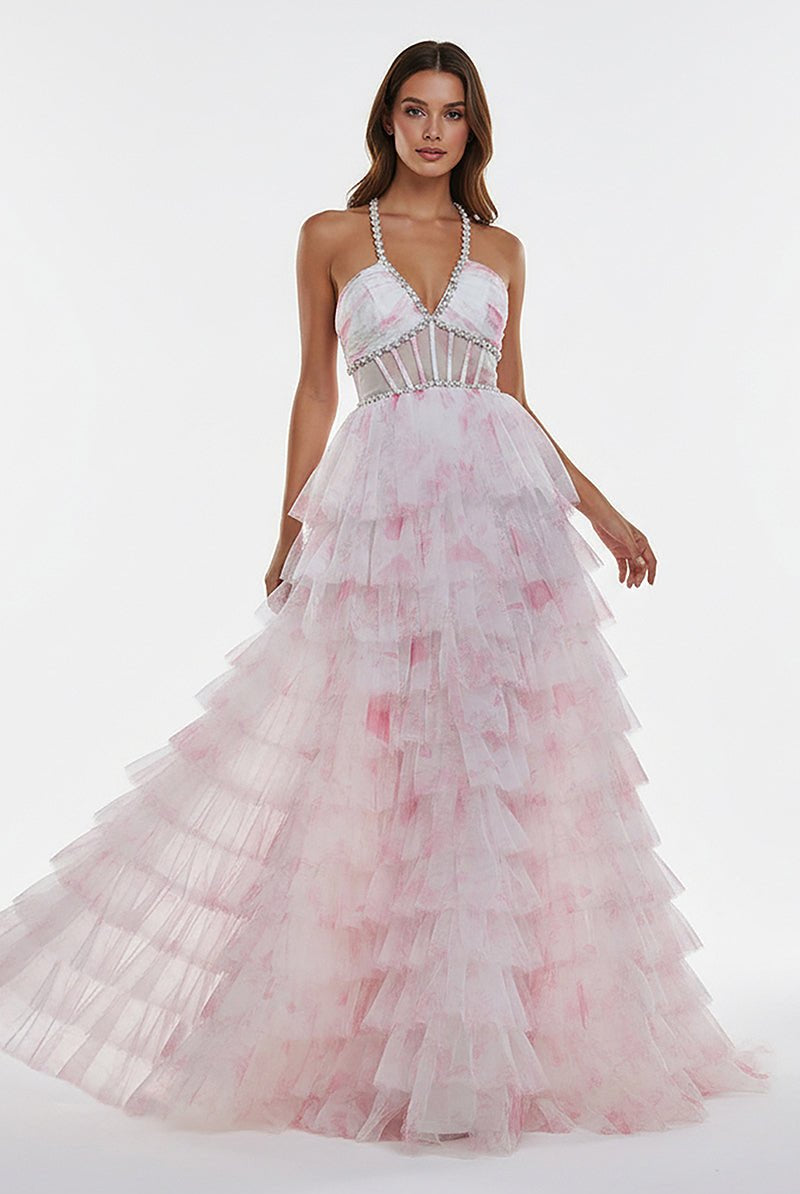 KissProm-Inari Pink A Line Floral Tulle Ruffles Halter Long Prom Dresses With Beads