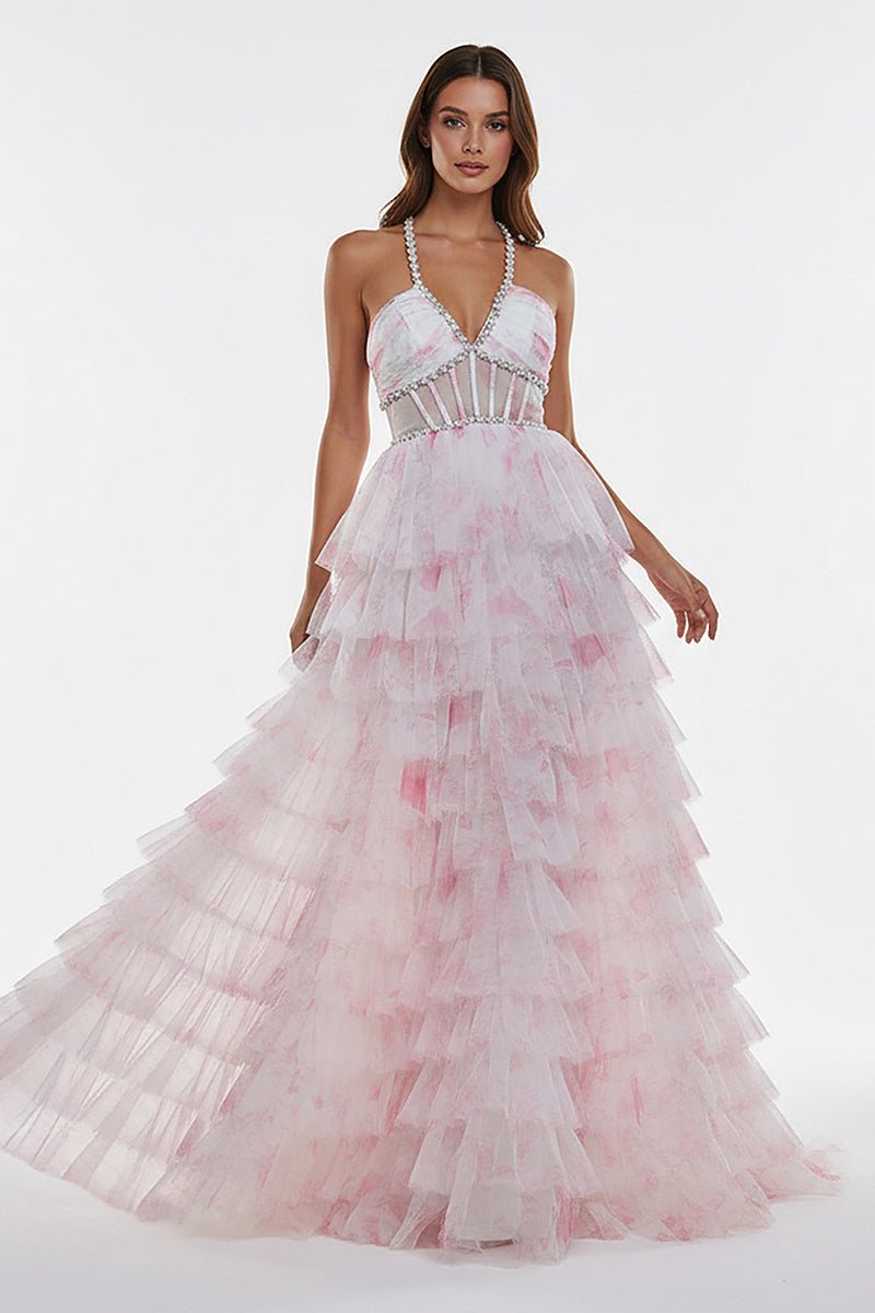 KissProm-Inari Pink A Line Floral Tulle Ruffles Halter Long Prom Dresses With Beads