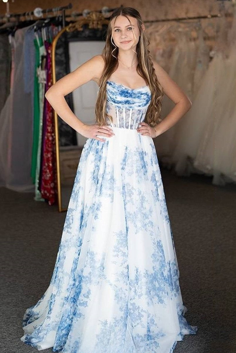 Inez | A-Line Strapless Blue Floral Print Long Prom Dresses
