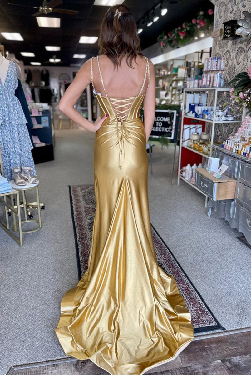 Ingris | Fuchsia Mermaid V Neck Satin Long Prom Dresses with Beading - KissProm