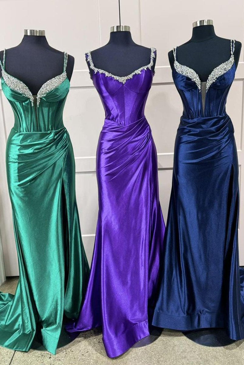 Ingris | Fuchsia Mermaid V Neck Satin Long Prom Dresses with Beading - KissProm