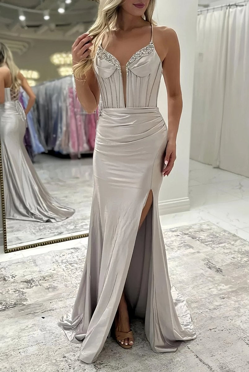 Ingris | Fuchsia Mermaid V Neck Satin Long Prom Dresses with Beading - KissProm