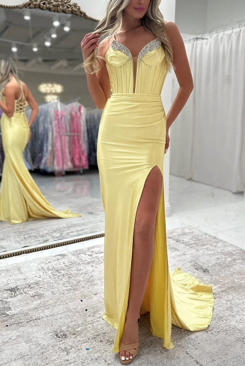 Ingris | Fuchsia Mermaid V Neck Satin Long Prom Dresses with Beading - KissProm