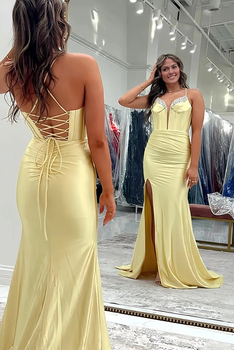 Ingris | Fuchsia Mermaid V Neck Satin Long Prom Dresses with Beading - KissProm