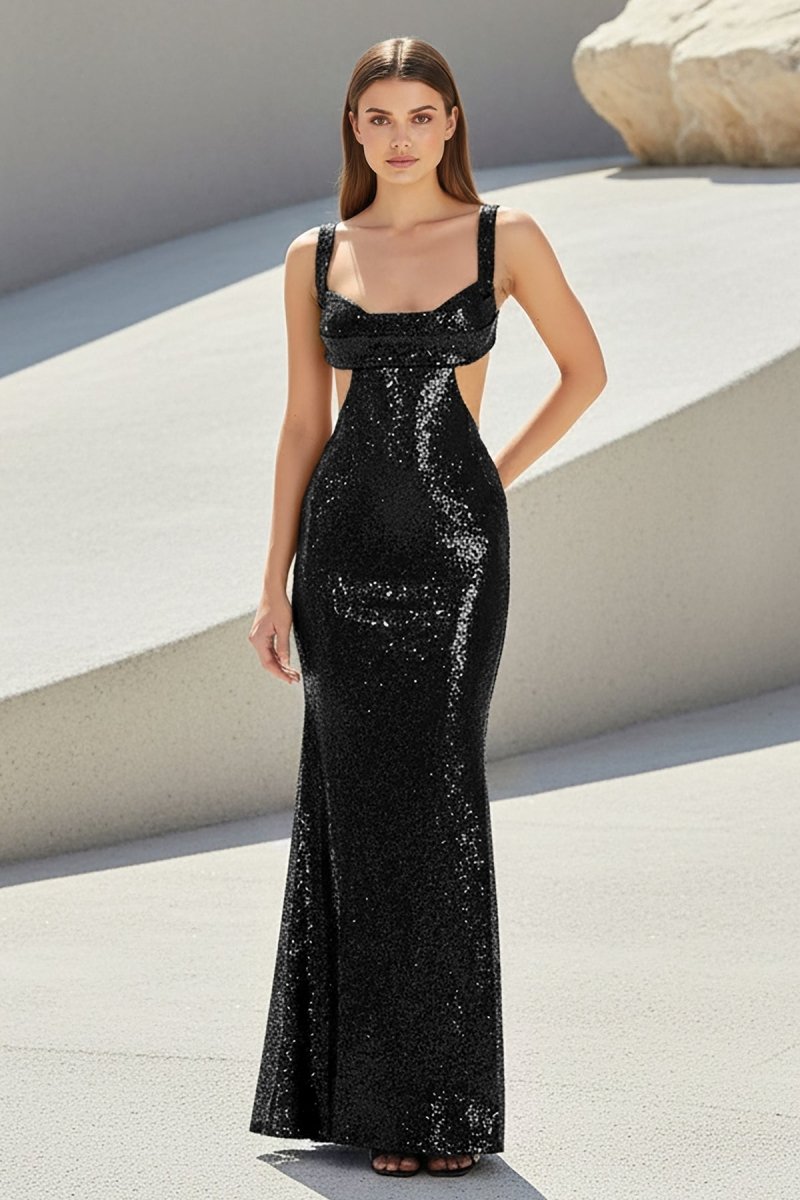 Inoria | Dark Green - Scoop Neck Mermaid Sequins Long Prom Dresses With Cutout - KissProm