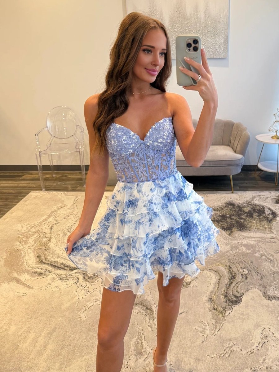 Iola | Sky Blue - A Line Sweetheart Floral Lace Corset Ruffled Homecoming Dresses