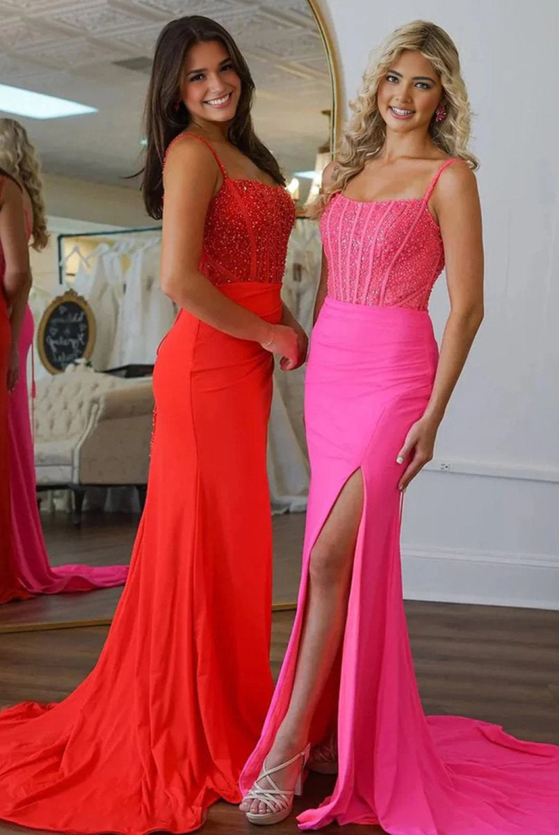 Iolanthe | Mermaid Square Neck Red Beaded Long Prom Dress with Slit