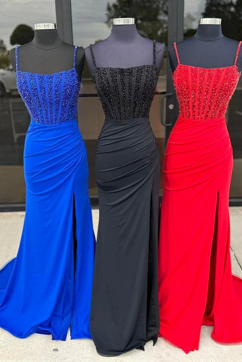 Iolanthe | Mermaid Square Neck Red Beaded Long Prom Dress with Slit