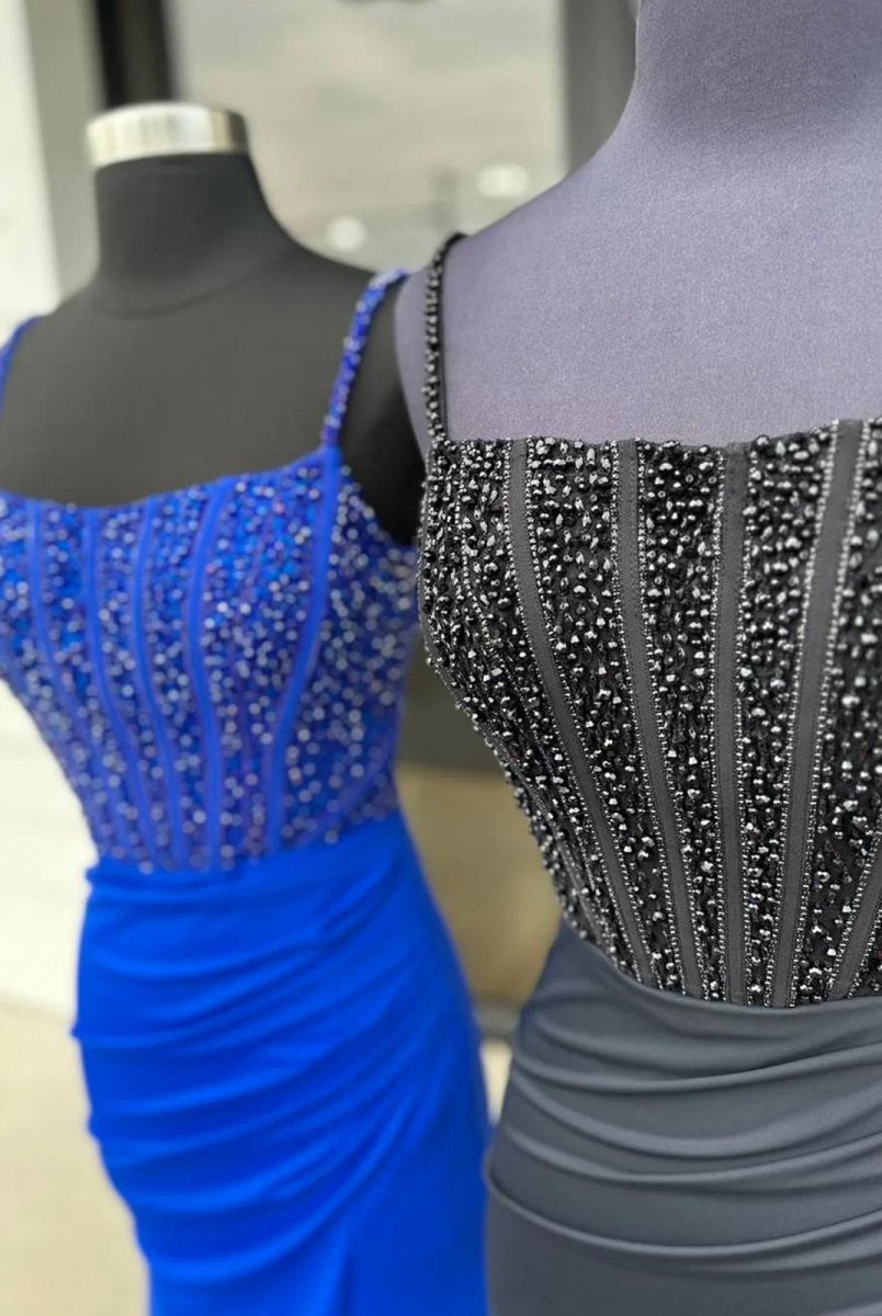 Iolanthe | Mermaid Square Neck Red Beaded Long Prom Dress with Slit