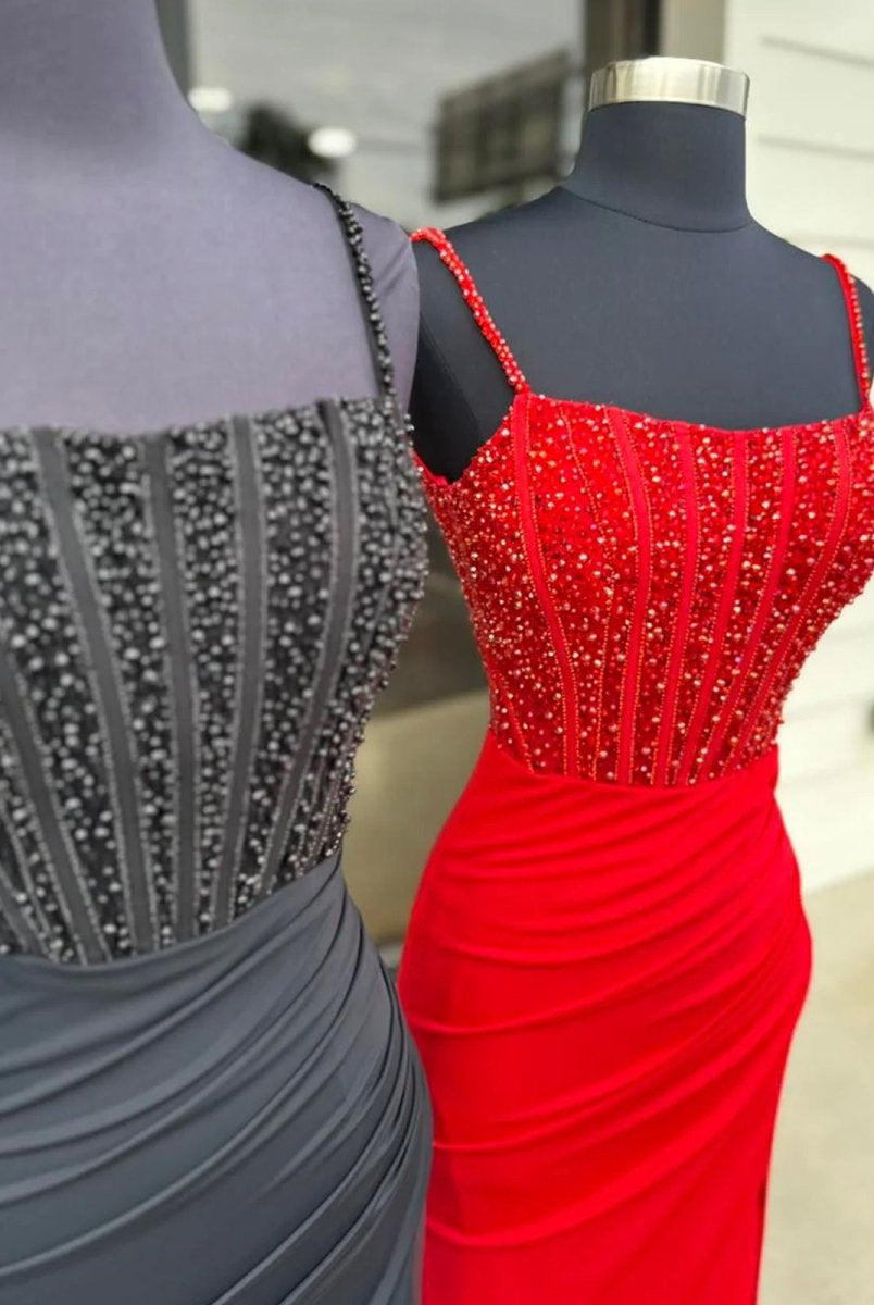 Iolanthe | Mermaid Square Neck Red Beaded Long Prom Dress with Slit