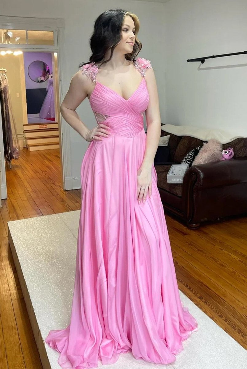 Iona | Pink Pleated Chiffon A - line Long Prom Dress - KissProm
