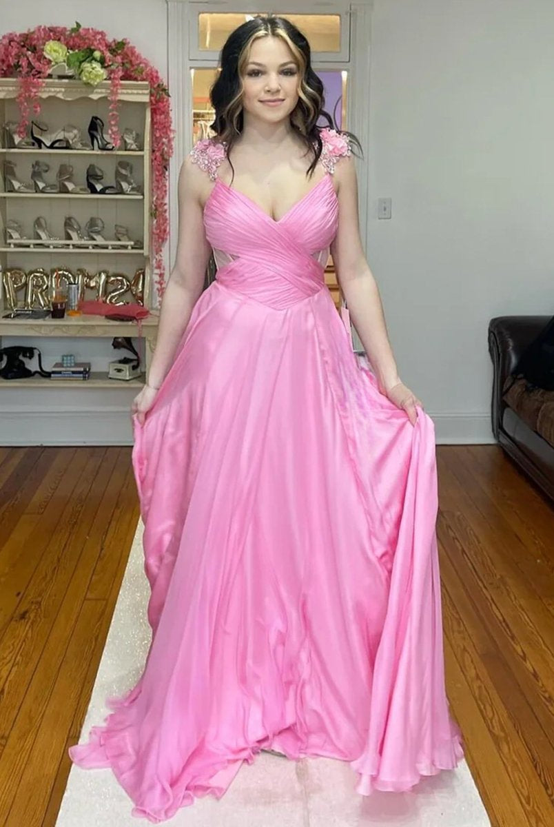 Iona | Pink Pleated Chiffon A - line Long Prom Dress - KissProm