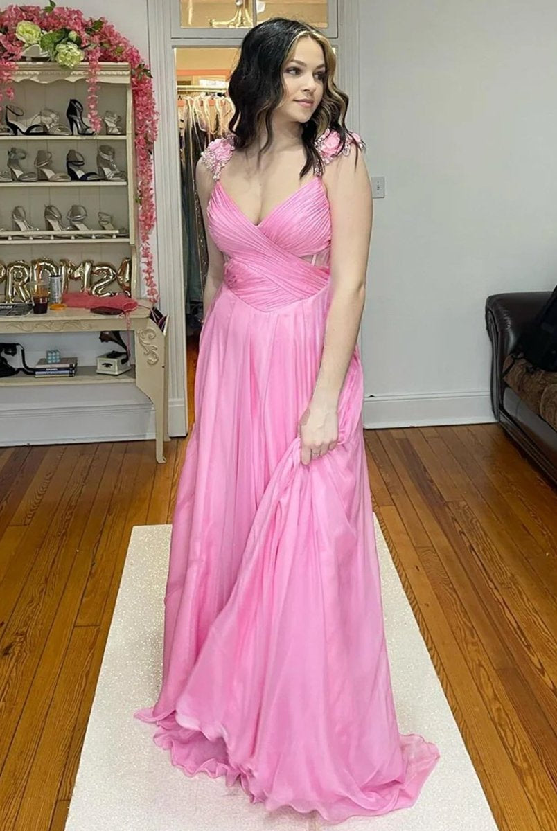 Iona | Pink Pleated Chiffon A - line Long Prom Dress - KissProm