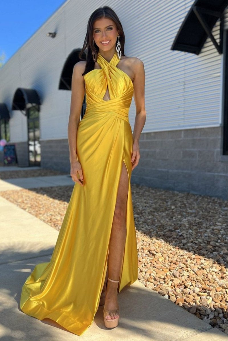 Iras | Yellow Halter Satin Mermaid Long Prom Dress With Slit - KissProm