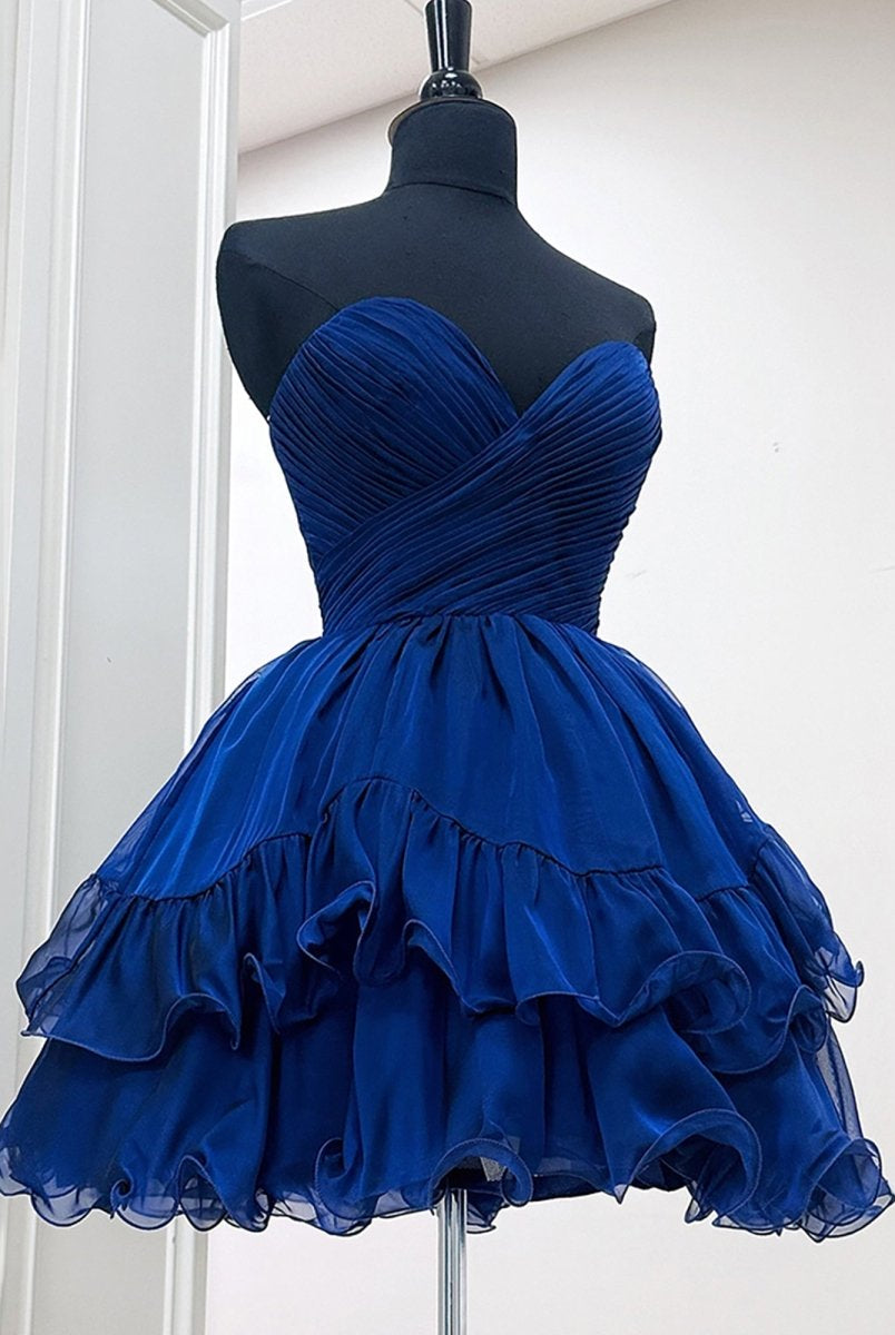 Irelith | Navy Blue - Strapless Pleated A Line Short Homecoming Dresses With Ruffles