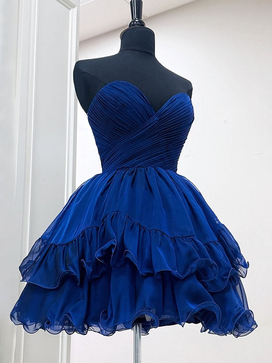 Irelith | Navy Blue - Strapless Pleated A Line Short Homecoming Dresses With Ruffles