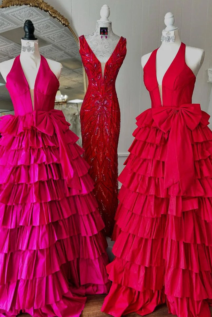 Iridium | Halter A-Line Blue Satin Long Ruffled Prom Dress With Slit