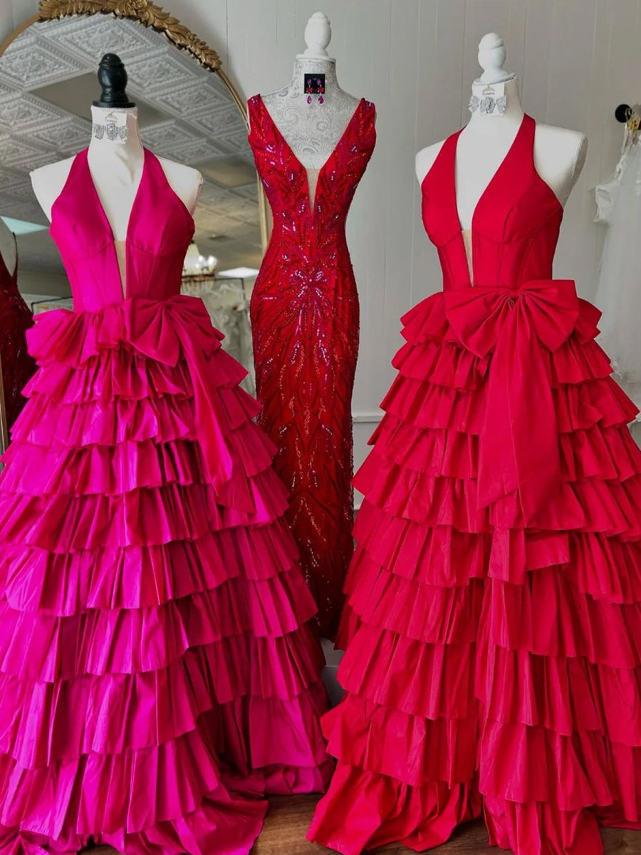 Iridium | Halter A-Line Blue Satin Long Ruffled Prom Dress With Slit