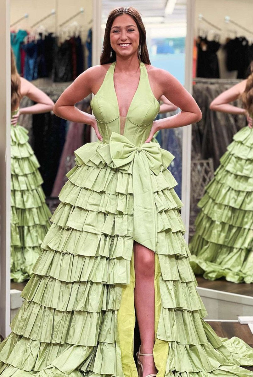 Iridium | Halter A-Line Blue Satin Long Ruffled Prom Dress With Slit