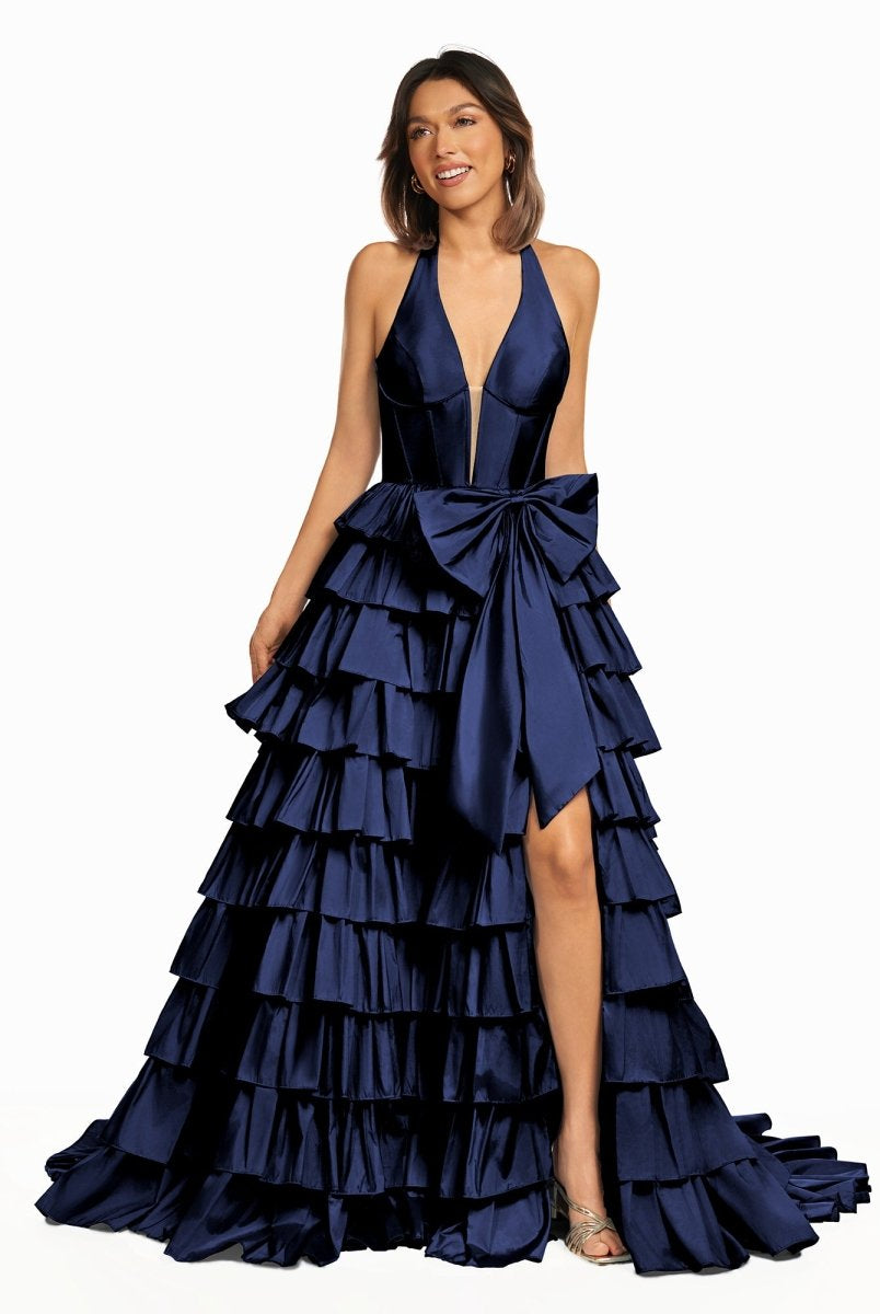 Iridium | Halter A-Line Blue Satin Long Ruffled Prom Dress With Slit