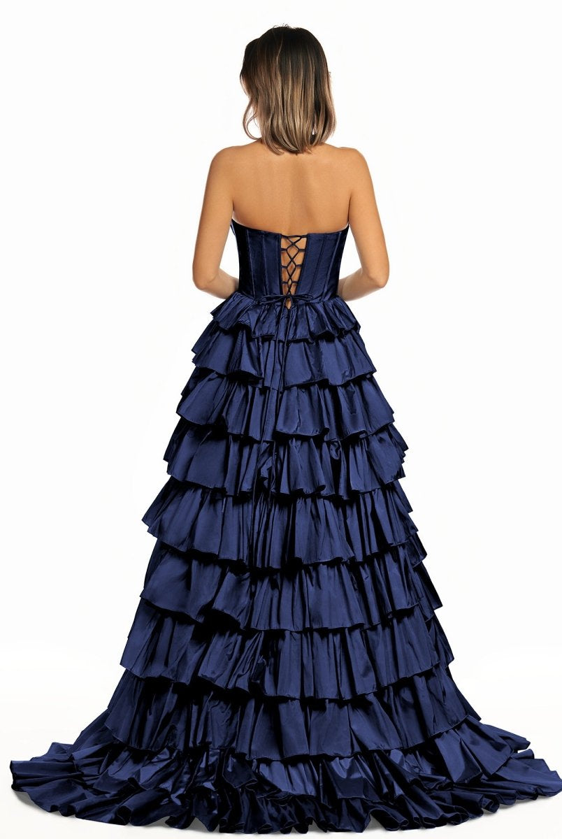 Iridium | Halter A-Line Blue Satin Long Ruffled Prom Dress With Slit