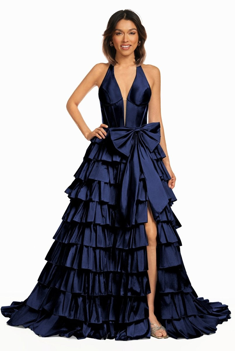 Iridium | Halter A-Line Blue Satin Long Ruffled Prom Dress With Slit